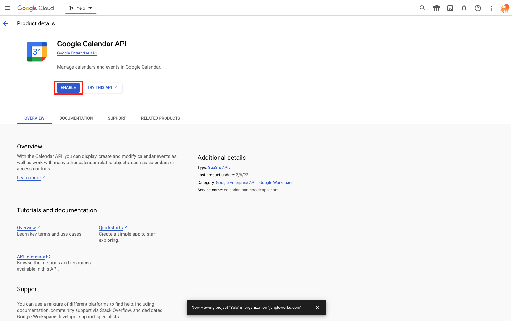 Search and enable Google Calendar API